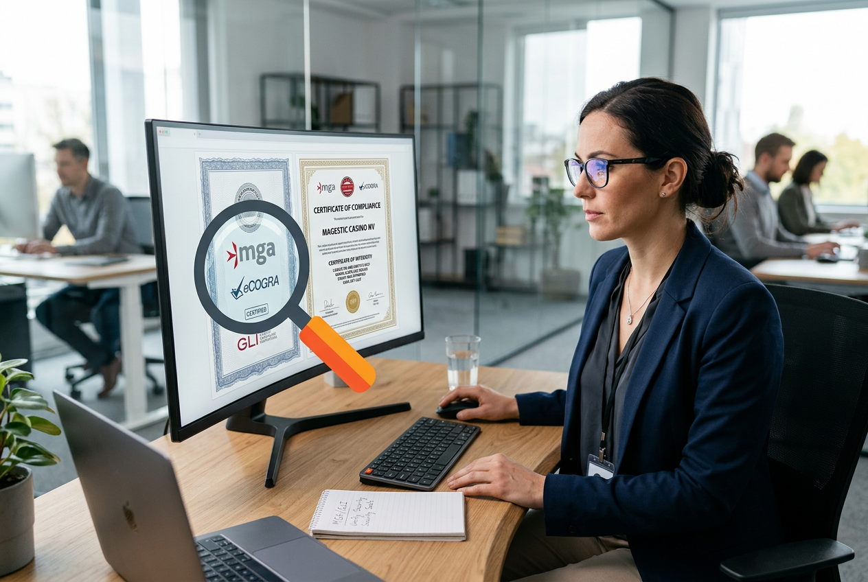 Ekspert analizujący certyfikaty bezpieczeństwa i licencje kasyna online na monitorze